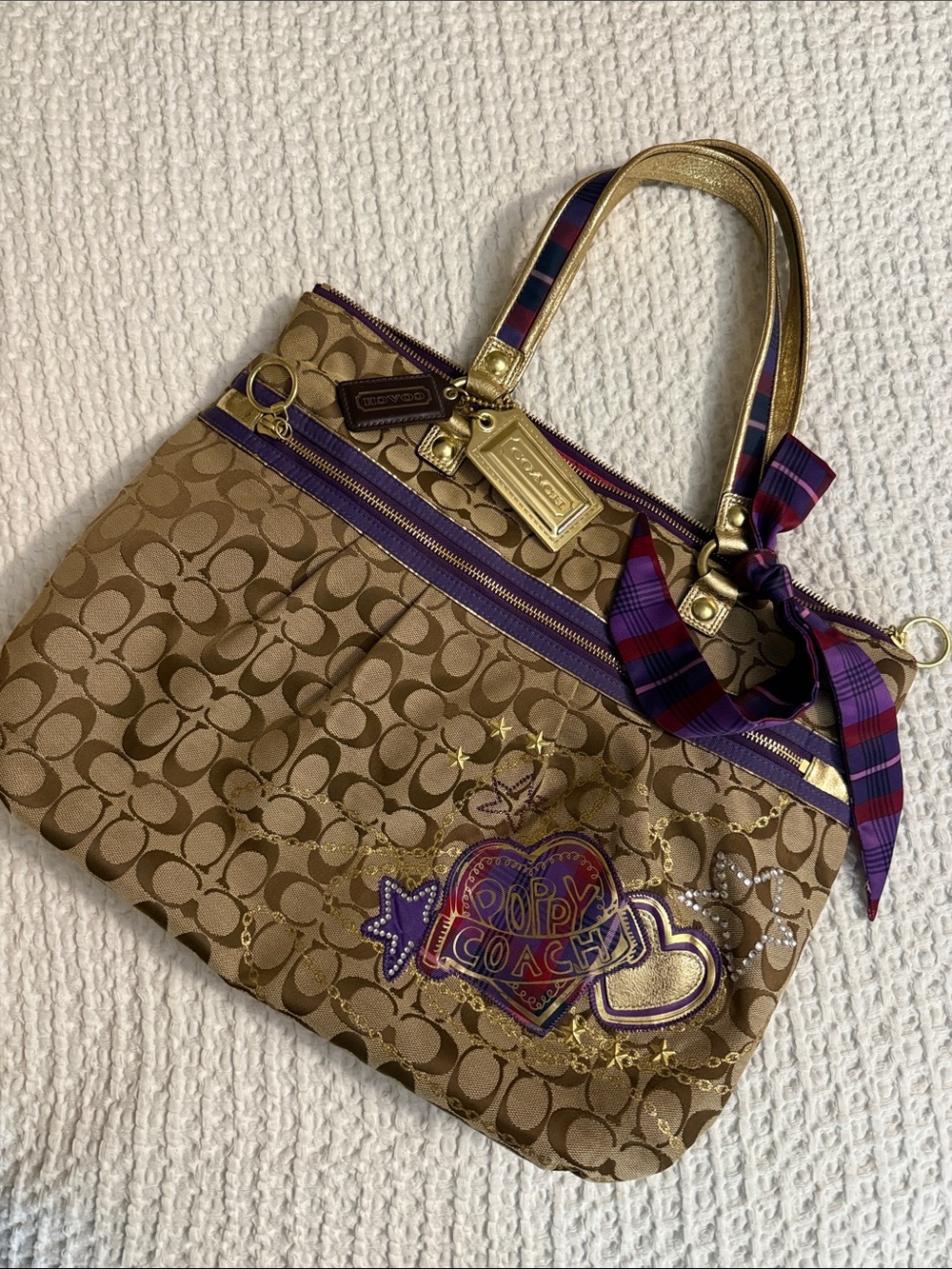 Coach Poppy Tartan Plaid Appliqué Glam Tote - Picture 3 of 16